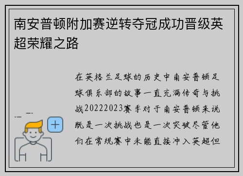 南安普顿附加赛逆转夺冠成功晋级英超荣耀之路