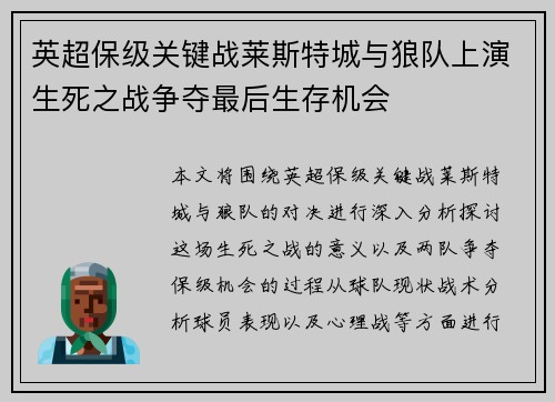 英超保级关键战莱斯特城与狼队上演生死之战争夺最后生存机会