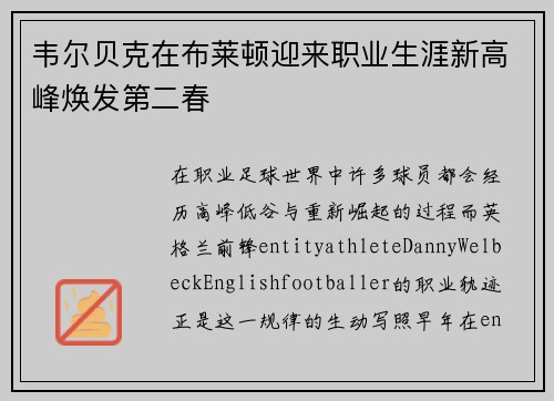 韦尔贝克在布莱顿迎来职业生涯新高峰焕发第二春