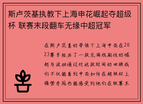 斯卢茨基执教下上海申花崛起夺超级杯 联赛末段翻车无缘中超冠军